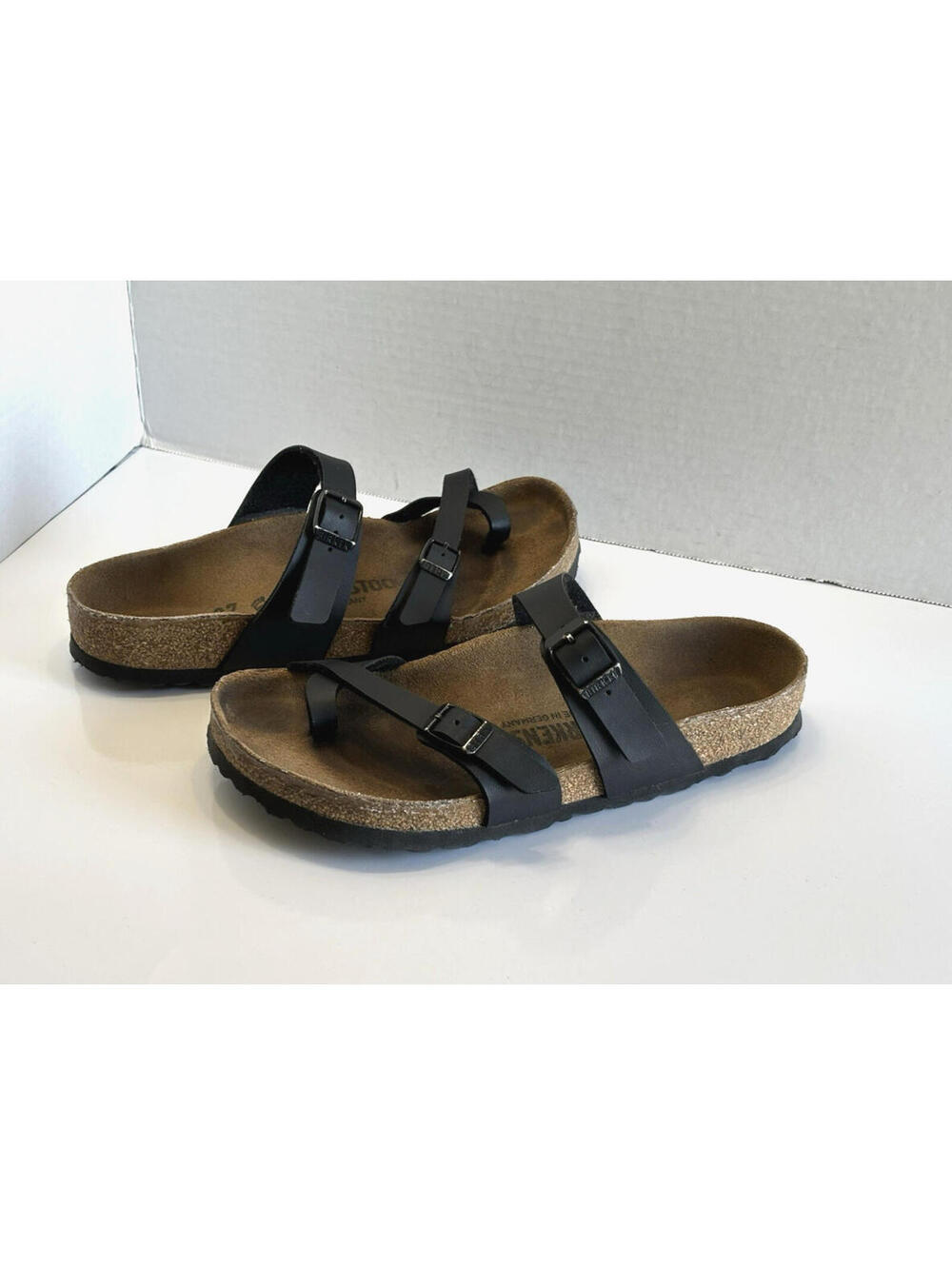 Birkenstock Mayari Sandals Women's Size 37/6 Black Leather Toe Loop Comfort Cork